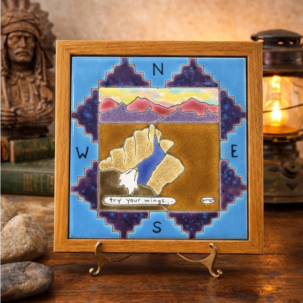 Southwest Tile Art © Orane 1992 “Try Your Wings” Eagle Compass Framed 7x7” - Picture 2 of 8